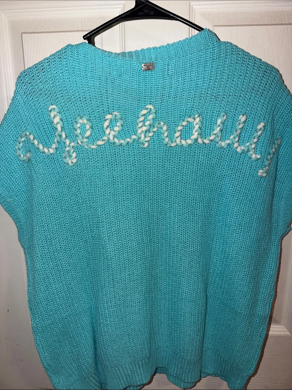 Lucky & Blessed Turquoise Knit Scoop-Neck Sweater with Cream Accent Pocket